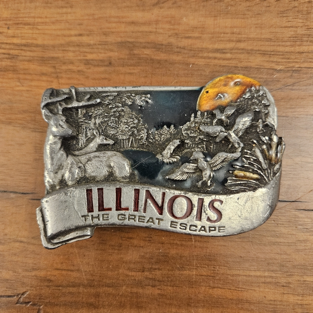 Vintage Illinois The Great Escape Belt‎ Buckle Wildlife Outdoors Bergamot Brass